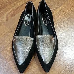 Ted Baker  silver black suede leather flats. Us 7/euro 38